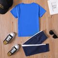 2-piece Kid Boy Letter Print Colorblock Tee and Elasticized Pants Sporty Set Blue