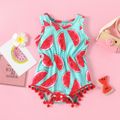 Baby Girl Allover Watermelon Print Pom Poms Design Sleeveless Romper Color block image 1