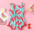Baby Girl Allover Watermelon Print Pom Poms Design Sleeveless Romper Color block image 2