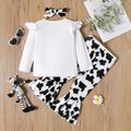 2-piece Toddler Girl Ruffled Letter Cow Print Long-sleeve White Tee and Flared Pants Set White