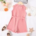 Kid Girl Solid Color Button Design Notched Collar Sleeveless Belted Rompers Jumpsuits Shorts Pink image 3