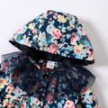 Baby Girl Mesh Splicing All Over Floral Print Button Up Long-sleeve Hooded Jacket Dark Blue