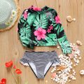 2-piece Toddler Girl Floral Print Long-sleeve Tee and Stripe Briefs Swimsuit Set Black