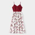 Family Matching Solid V Neck Button Up Spaghetti Strap Splicing Floral Print Dresses and Short-sleeve T-shirts Sets WineRed image 2