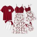 Family Matching Solid V Neck Button Up Spaghetti Strap Splicing Floral Print Dresses and Short-sleeve T-shirts Sets WineRed image 1
