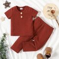 2pcs Baby Boy Button Design Solid Textured Short-sleeve Top and Pants Set Brown