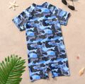 Kid Boy Camouflage Print Zipper Design Onepiece Swimsuit Dark Blue