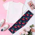2-piece Kid Girl Letter Cherry Print Bowknot Design White Tee and Elasticized Pants Set White image 5