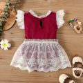 Baby Girl Lace Splicing Flutter-sleeve Red Romper Party Dress Burgundy