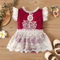 Baby Girl Lace Splicing Flutter-sleeve Red Romper Party Dress Burgundy