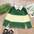 Kid Boy Polo Collar Button Design Colorblock Sweatshirt Green