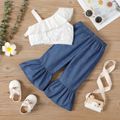 2pcs Baby Girl 100% Cotton Floral Embroidered Sleeveless Ruffle Crop Top and Bell Bottom Pants Set Color block