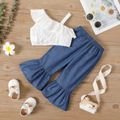 2pcs Baby Girl 100% Cotton Floral Embroidered Sleeveless Ruffle Crop Top and Bell Bottom Pants Set Color block
