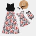 Black Sleeveless Splicing Floral Print Leopard Dress for Mom and Me BlackandWhite image 1