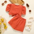 2pcs Toddler Girl 100% Cotton Button Design Tie Knot Puff-sleeve Top and Orange red Shorts Set Orange red