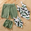 Family Matching Letter Print Swim Trunks Shorts and Plant Print V Neck Splicing One-Piece Swimsuit Green