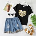 2-piece Kid Girl Leopard Heart Print Tee and Ripped Denim Shorts Set Black