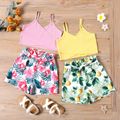 2-piece Kid Girl Solid Color Ribbed Camisole and Floral Print Shorts Set Pink