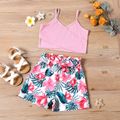 2-piece Kid Girl Solid Color Ribbed Camisole and Floral Print Shorts Set Pink