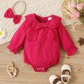 2pcs Baby Girl Swiss Dot Layered Collar Bowknot Long-sleeve Romper with Headband Set Red image 1