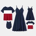 Family Matching Dark Blue V Neck Spaghetti Strap Tulip Hem Dresses and Colorblock Short-sleeve T-shirts Sets blueblack