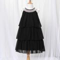 Kid Girl Sequined Solid Color Layered Halter Dress Black