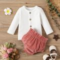 2pcs Baby Boy/Girl Solid Waffle Button Up Long-sleeve Top and Corduroy Shorts Set Dark Pink