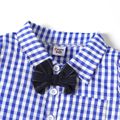 2-piece Kid Boy Bowknot Design Lapel Collar Button-Down Long-sleeve Plaid Shirt and Stripe Pants Party Set Dark Blue