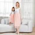 Lace Long-sleeve Splicing Mesh Party Dress for Mom and Me PinkyWhite