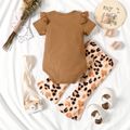 2pcs Baby Girl Letter Print Ribbed Short-sleeve Romper and Leopard Bell Bottom Pants Set Khaki
