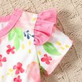 2pcs Baby Girl Pink Floral Print Short-sleeve Ruffle Top and Ribbed Pants Set Pink