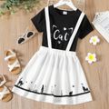 2-piece Kid Girl Animal Cat Letter Print Short-sleeve Tee and Suspender Skirt Set Black
