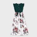Family Matching Floral Print Splicing Dark Green Flutter-sleeve Dresses and Short-sleeve T-shirts Sets blackishgreen