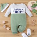 2pcs Baby Boy Letter Print Colorblock Long-sleeve Jumpsuit Set Green