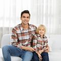 Family Matching Solid Short-sleeve Ruffle Hem Dresses and Long-sleeve Plaid Shirts Sets Brown