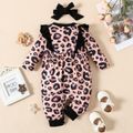 2pcs Floral or Leopard Allover Ruffle and Bow Decor Long-sleeve Baby Jumpsuit with Headband Set Pink