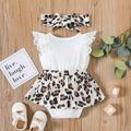 2pcs Baby Girl Letter Print Lace Sleeveless Leopard Skirted Romper with Headband Set White