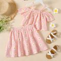 2-piece Kid Girl 100% Cotton Floral Print/Polka dots Off Shoulder Strap Top and Elasticized Skirt Set Pink