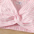 2pcs Baby Girl Striped Ruffle-sleeve Twist Knot Crop Top and Shorts Set PinkyWhite