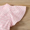 2pcs Baby Girl Striped Ruffle-sleeve Twist Knot Crop Top and Shorts Set PinkyWhite