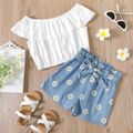 2-piece Kid Girl Flounce Hollow out Sleeveless White Tee and Belted Floral Print Denim Shorts Set White