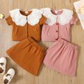 2-piece Toddler Girl Schiffy Statement Collar Button Design Ribbed Blouse and Elasticized Skirt Set Pink