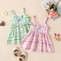 Baby Girl Button Design Bowknot Hollow out Sleeveless Plaid Dress Pink image 2