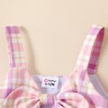 Baby Girl Button Design Bowknot Hollow out Sleeveless Plaid Dress Pink