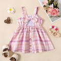 Baby Girl Button Design Bowknot Hollow out Sleeveless Plaid Dress Pink image 1