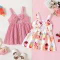 Baby Girl Allover Ice Cream Cone Print/Solid Textured Sleeveless Bowknot Hollow Out Dress Color block