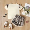 2-piece Toddler Girl Letter Print Ruffled Short-sleeve Tee and Leopard Print Shorts Set Almond Beige