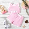 2pcs Baby Girl Letter Print Ribbed Sleeveless Tank Crop Top and Shorts Set Pink