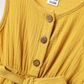 Toddler Girl 100% Cotton Solid Color Button Design Sleeveless Belted Romper Jumpsuit Shorts Ginger-2 image 5
