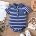 Baby Boy White/Blue Striped Contrast Collar Short-sleeve Romper Blue image 1